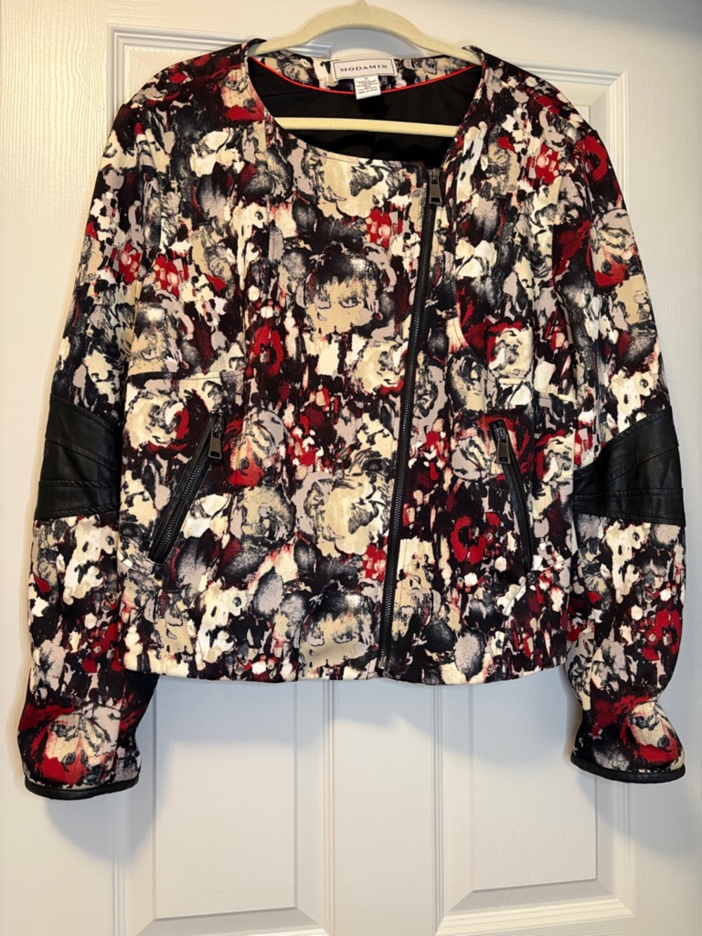 Modamix Red Black Cream Abstract Floral-Print Moto Jacket